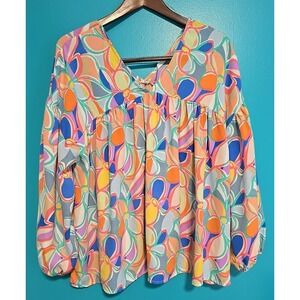 First Love Floral Top Womens Medium Colorful V Neck Flowy Boho Oversize Lovelyn
